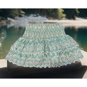 Jennifer & Grace Sz M layered eyelet skirt green white print cottage‎ core